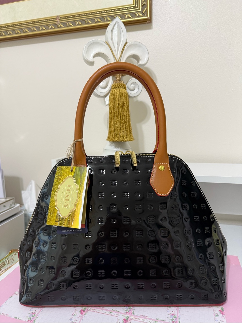 Arcadia Italy Leather Dome Satchel With Vacchetta Leather  Handles and Bottom